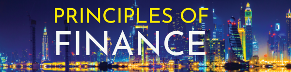 The words Principles of in bright yellow followed by the word Finance in white and a city skyline in the background