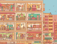 Illustrated cover of Building Social Mobility featuring different people living in an apartment building
