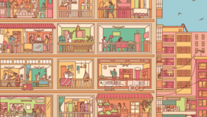 Illustrated cover of Building Social Mobility featuring different people living in an apartment building