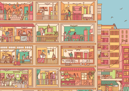Illustrated cover of Building Social Mobility featuring different people living in an apartment building