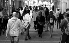 Grayscale Photography of People Walking Near Buildings